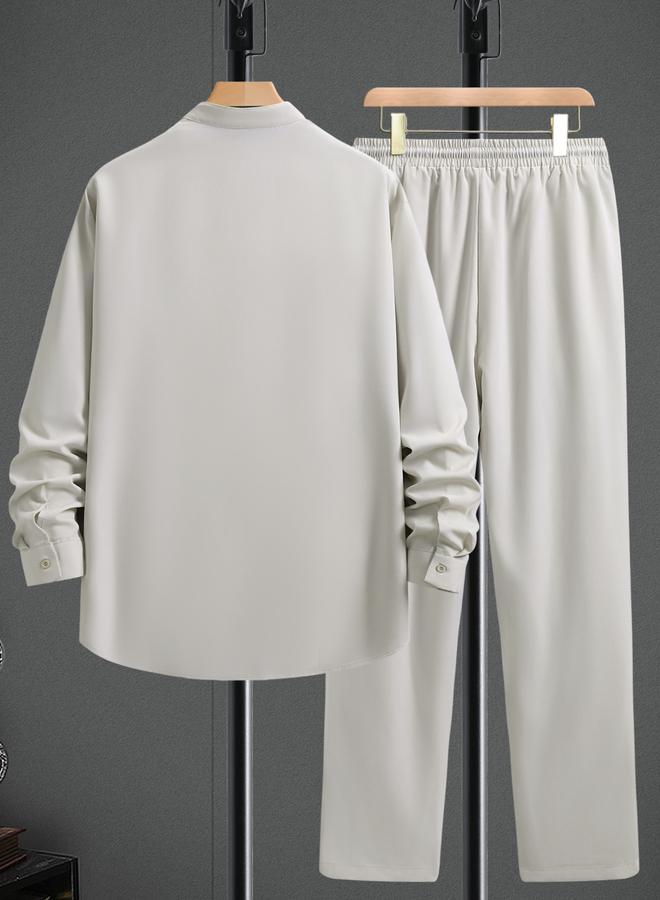 Take Two Men Beige Solid Buttoned Shirt and Trousers Co-Ords - Image 2